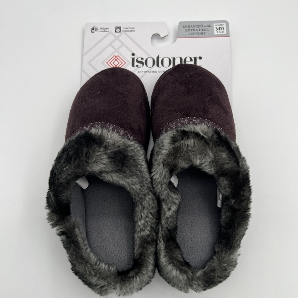 Isotoner Women's MD 7.5-8 Comfort Clog Slippers-Xtra Heel Support Maroon/Gray